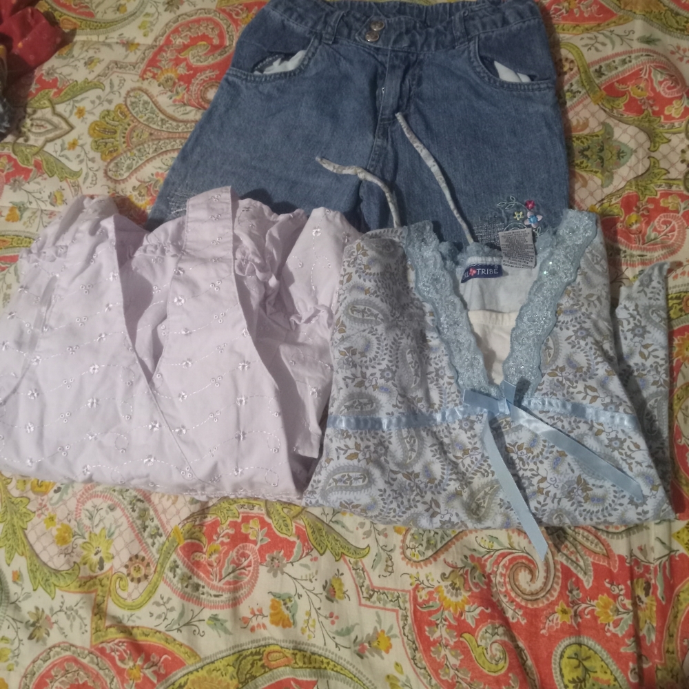 Girls Morning Glory designer short set 6x, 2 shirts lavender, light Blue